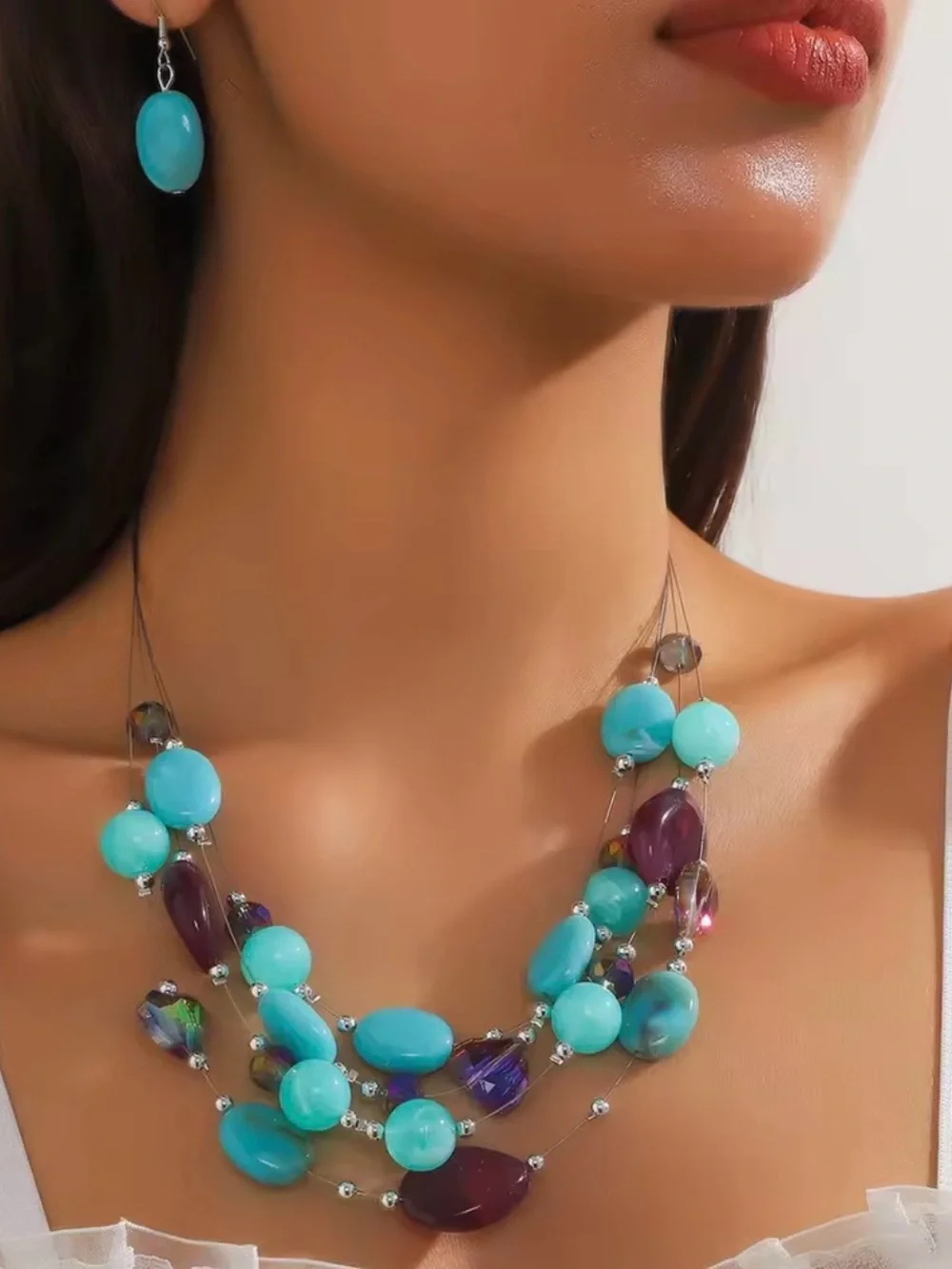 Multi-Strand Blue, Cream & Tan Bead Necklace Set with Matching Earrings